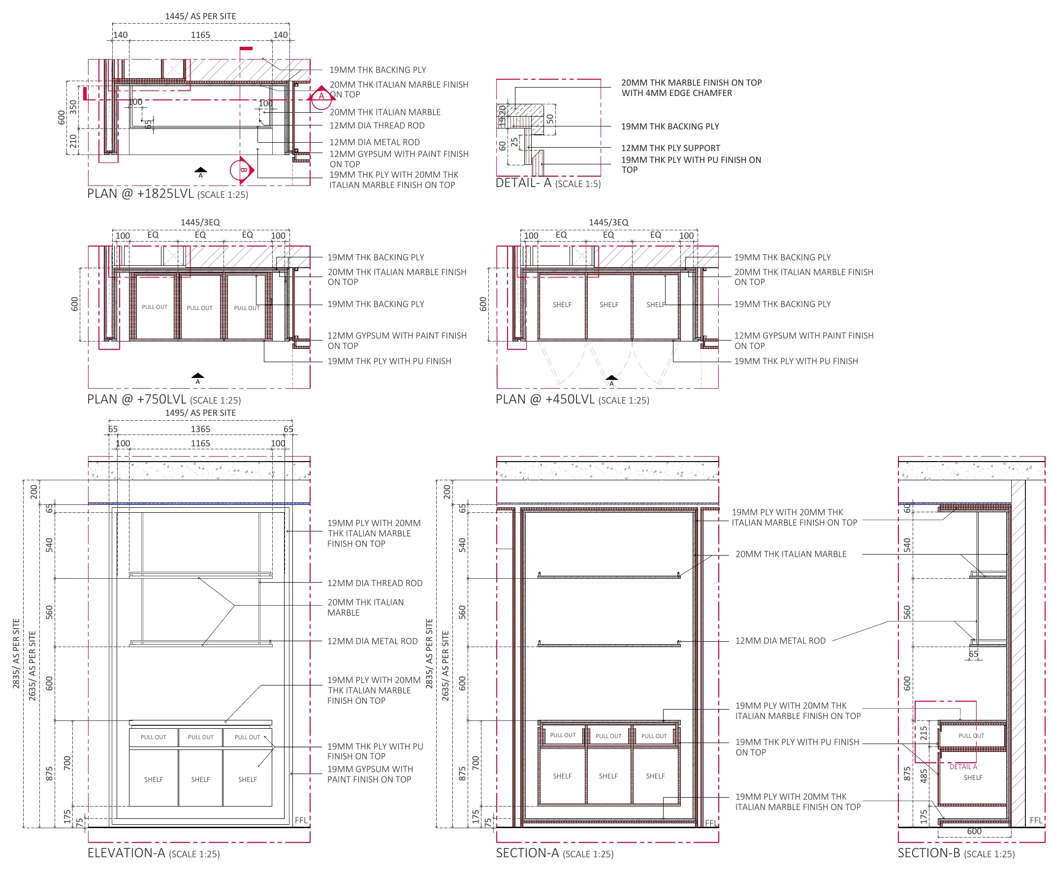 Carpentry drawing sheet with plans, elevation and sections for the dining and coffee counter joinery