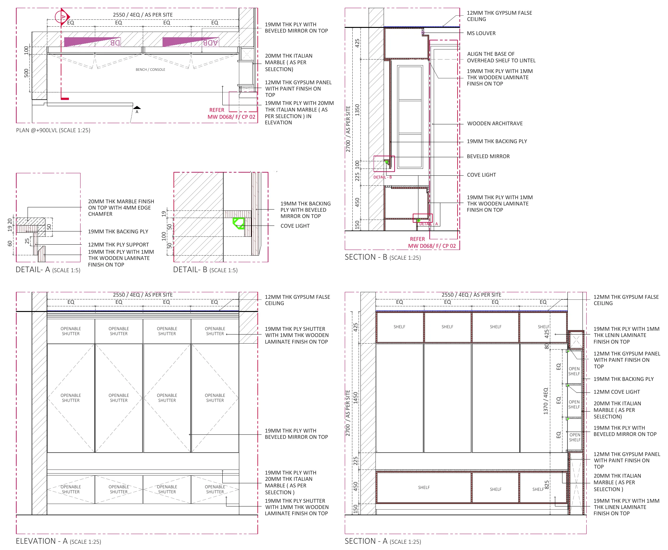 Carpentry drawing sheet with plan, elevation, sections and details for the foyer joinery