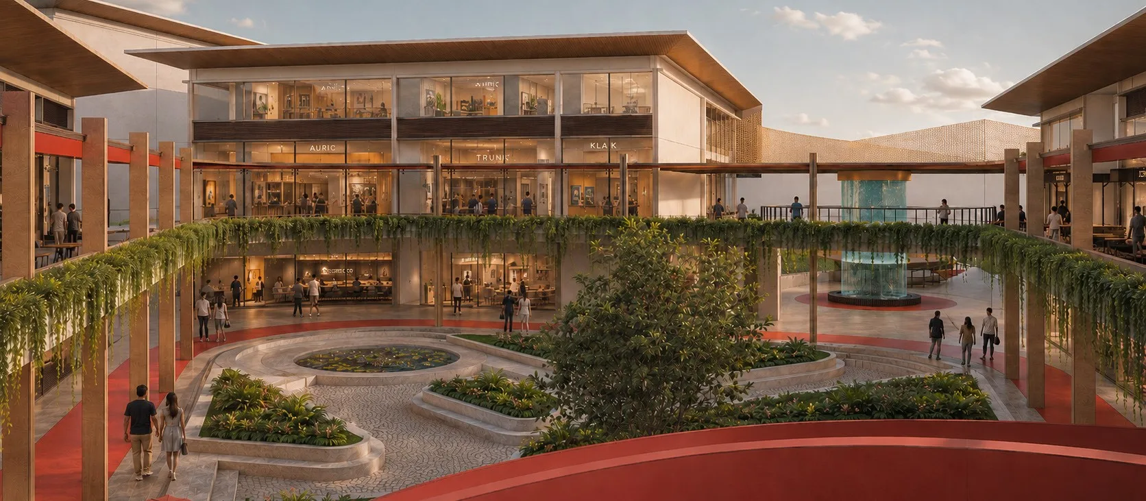 Planted central courtyard with a red pathway and layered terraces