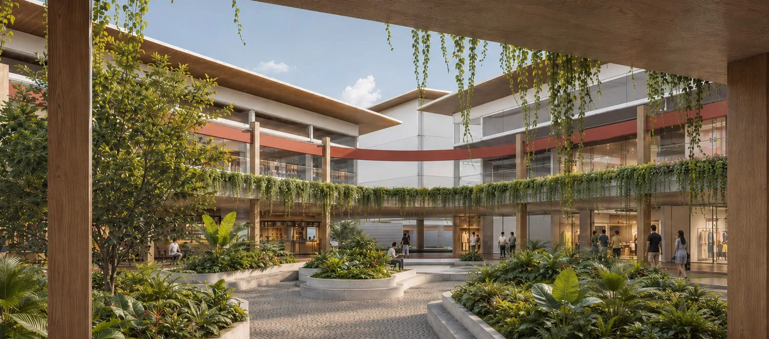 Courtyard with hanging planting and shaded walkways