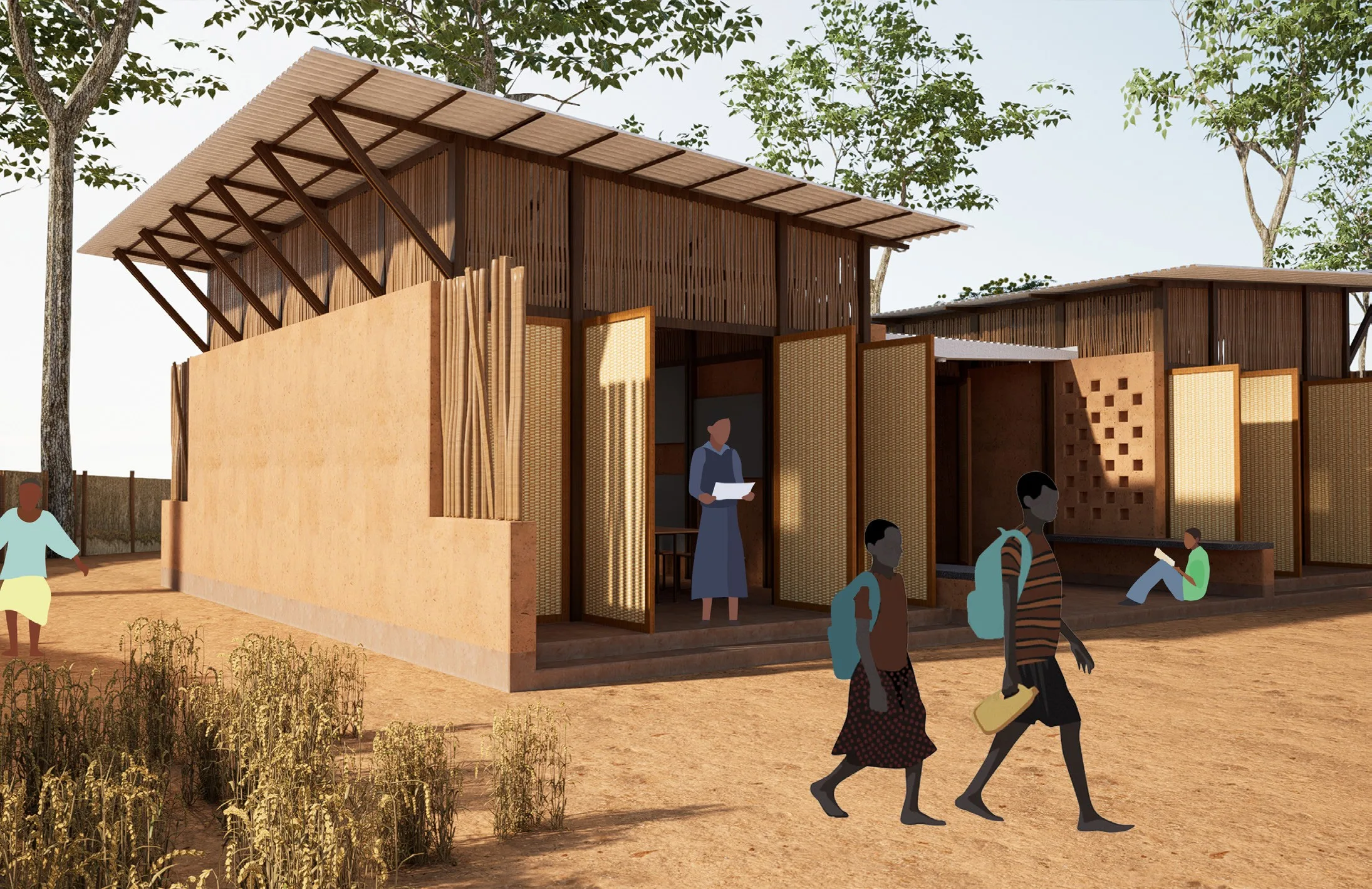 Timber classroom unit with a lattice wall and students outside