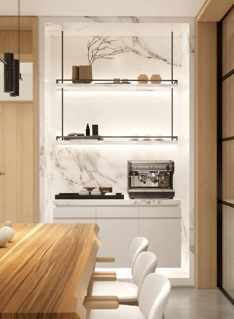 Coffee counter with marble top and floating shelves