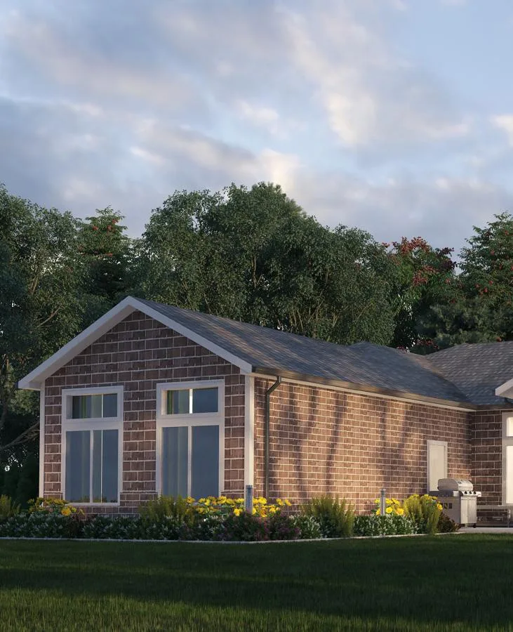 Corner view of a brick residence with a hip roof