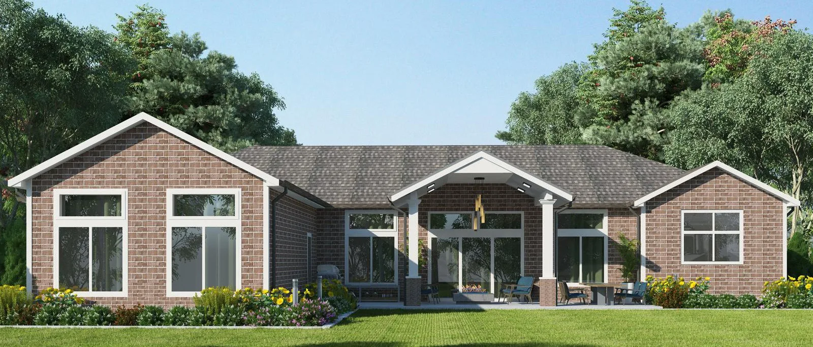 Wide front view of a grey-and-brick cottage residence