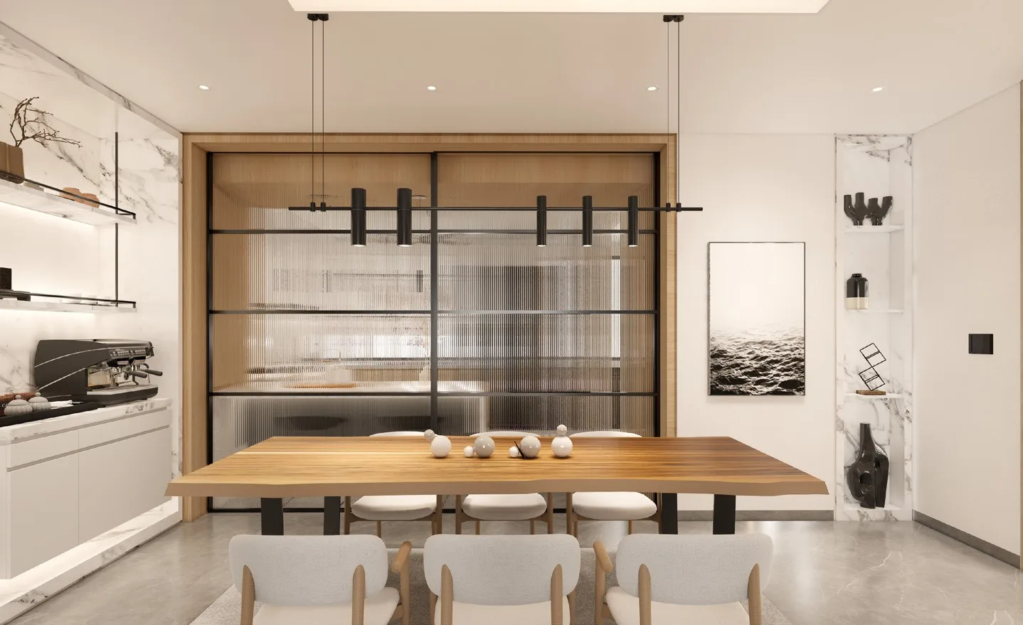 Dining area with a long timber table and glass partition