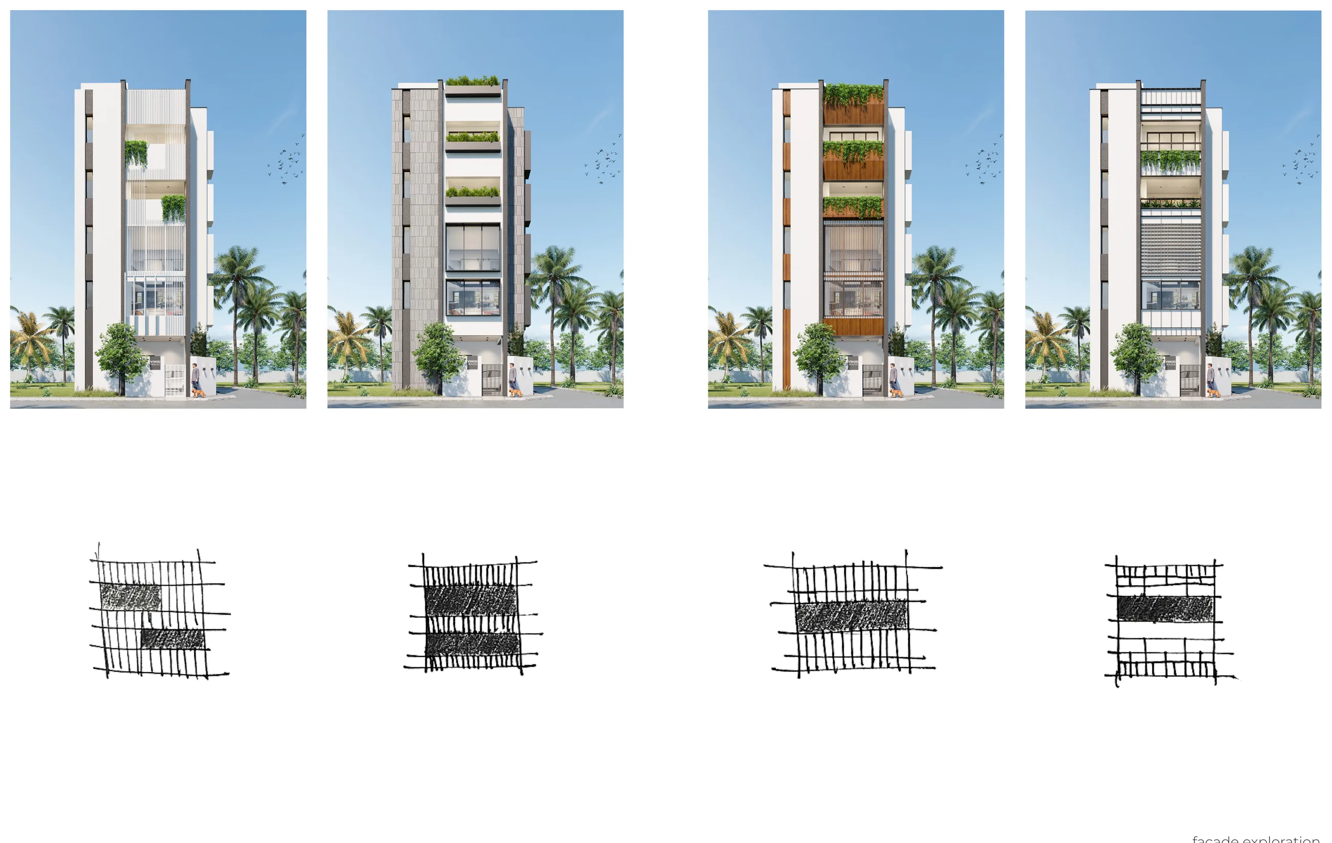 Four facade variations with hand-drawn opening studies beneath