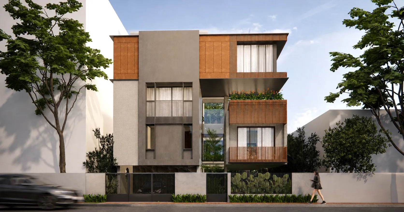 Three-storey residence with timber screens, corten cladding and mature trees
