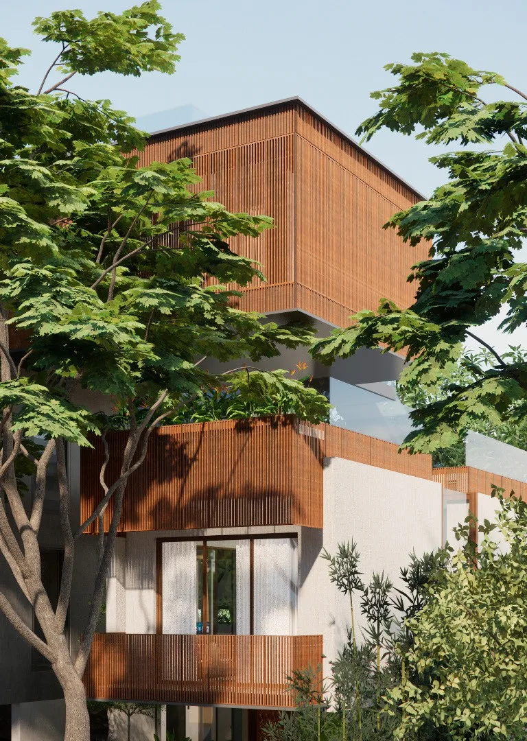 Close view of a timber-clad volume framed by tree canopy
