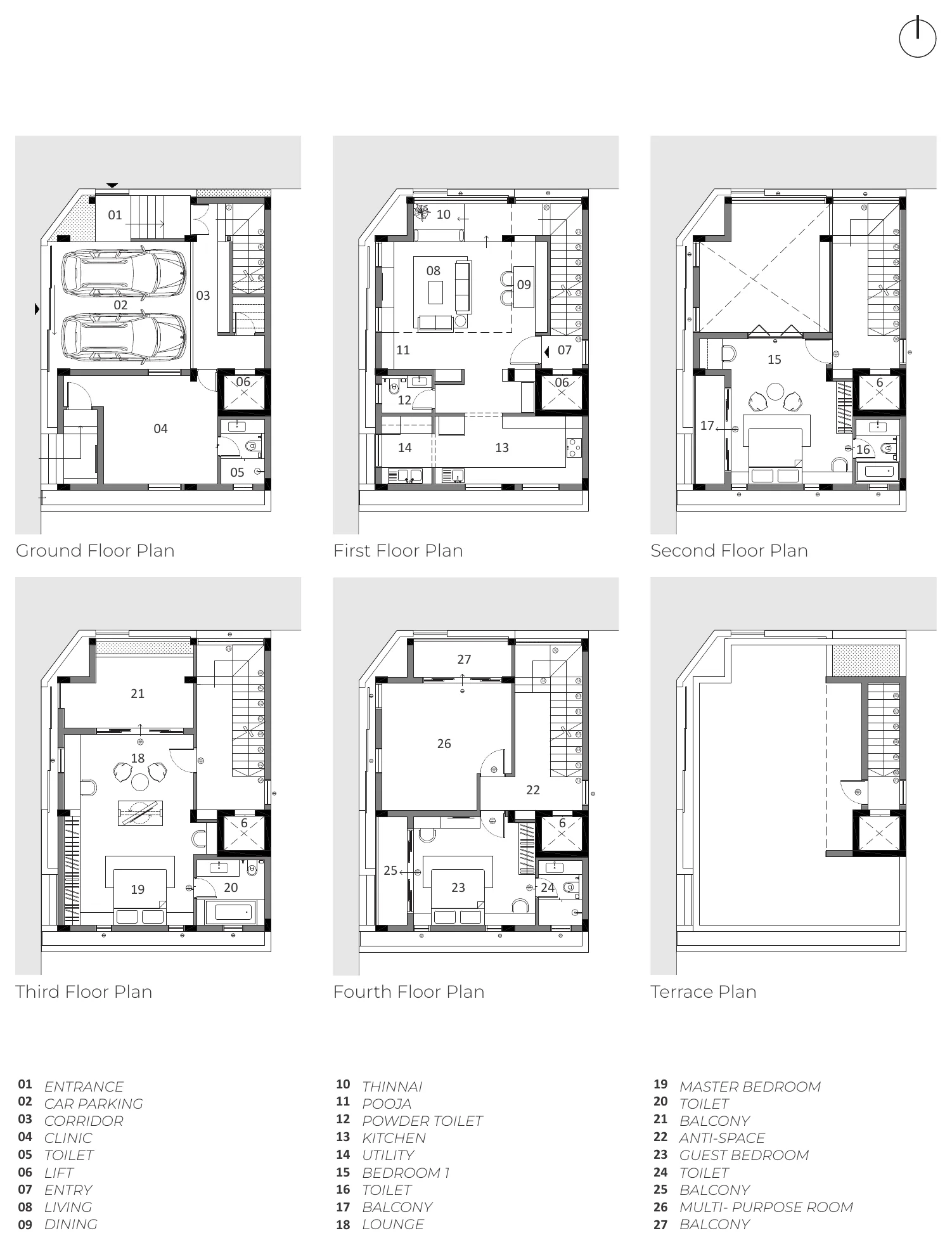Ground to terrace floor plans with room legend