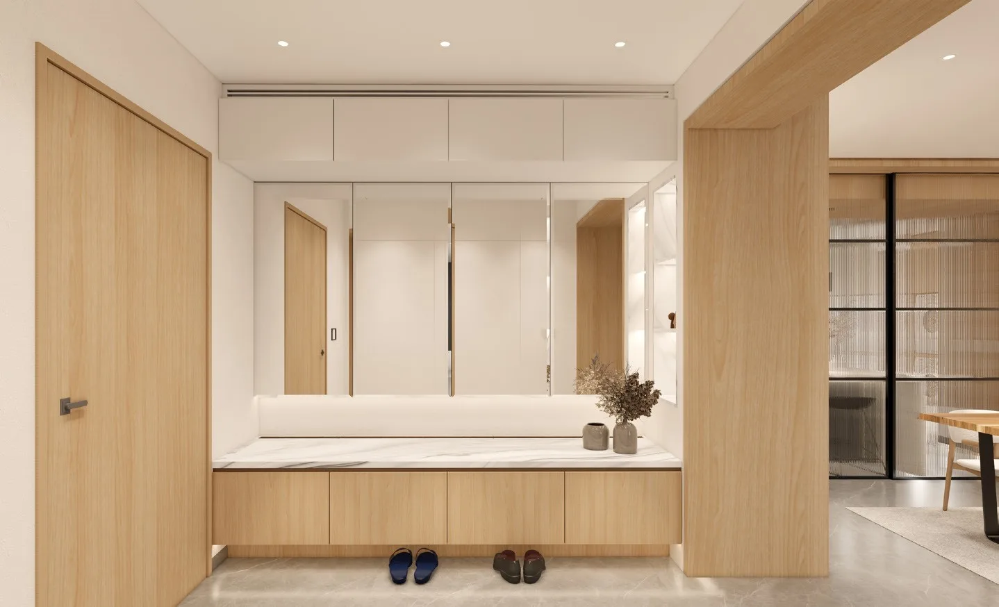 Foyer niche with a mirror and timber panelling