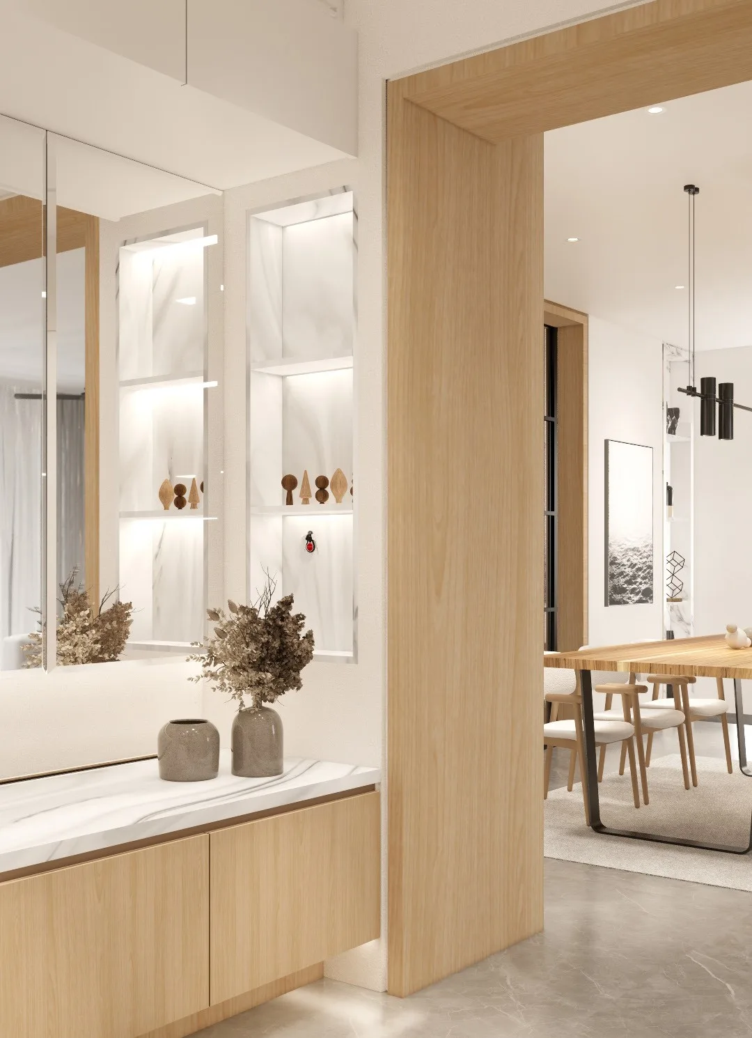 Foyer joinery with an open shelving niche and glazed partition