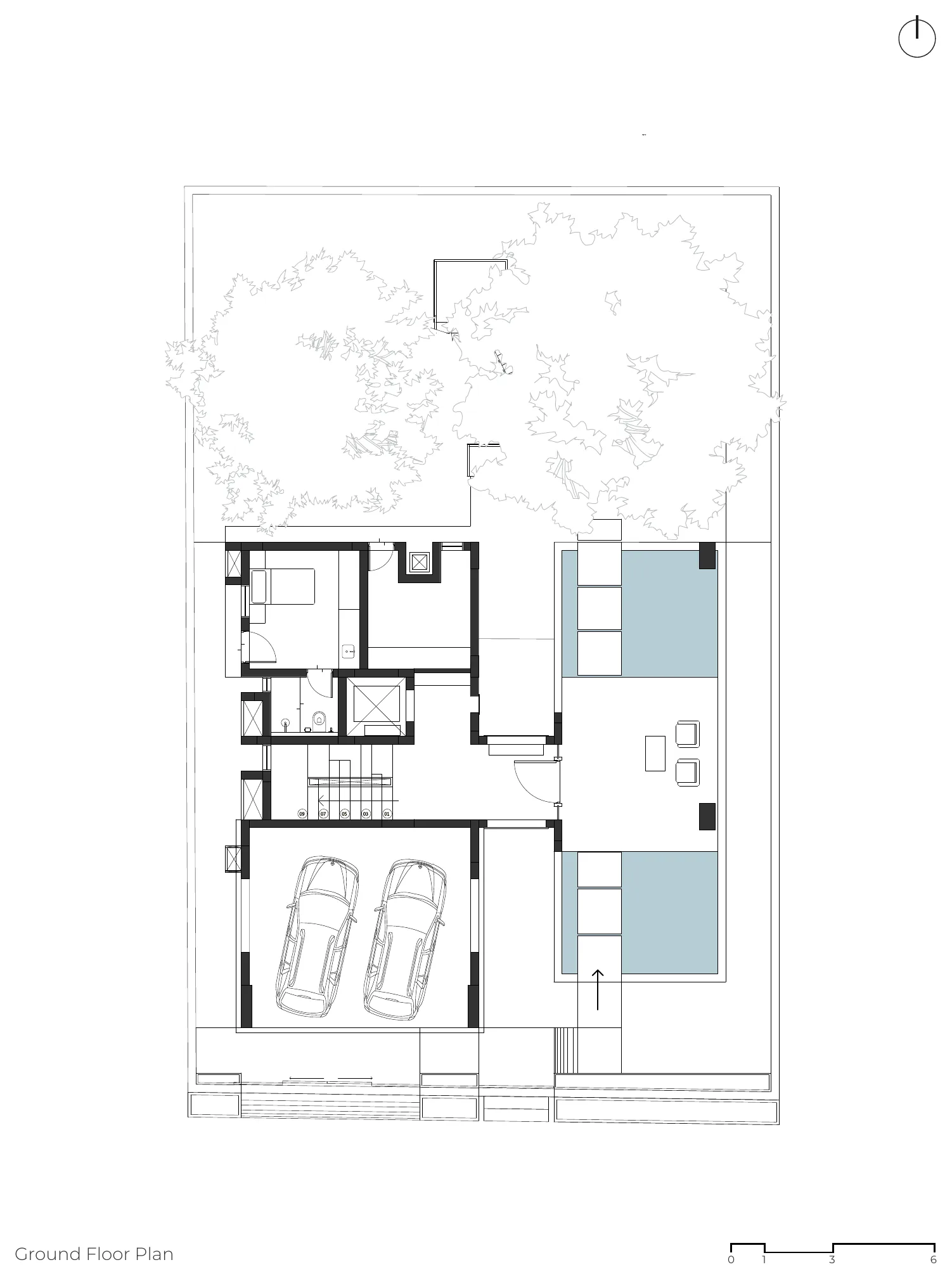 Ground floor plan with garden, pool and covered parking