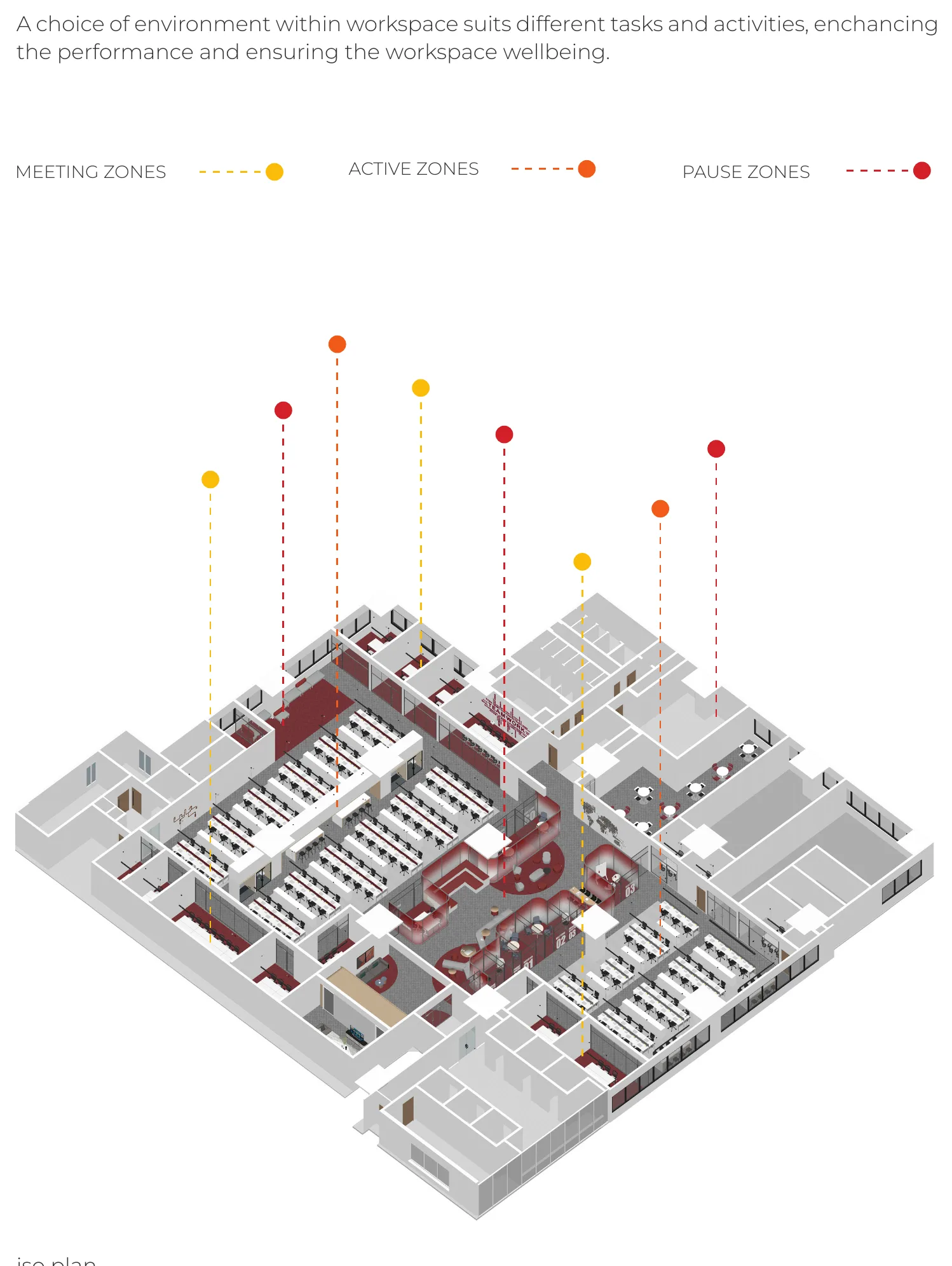 Isometric office plan with meeting, active and pause zones marked