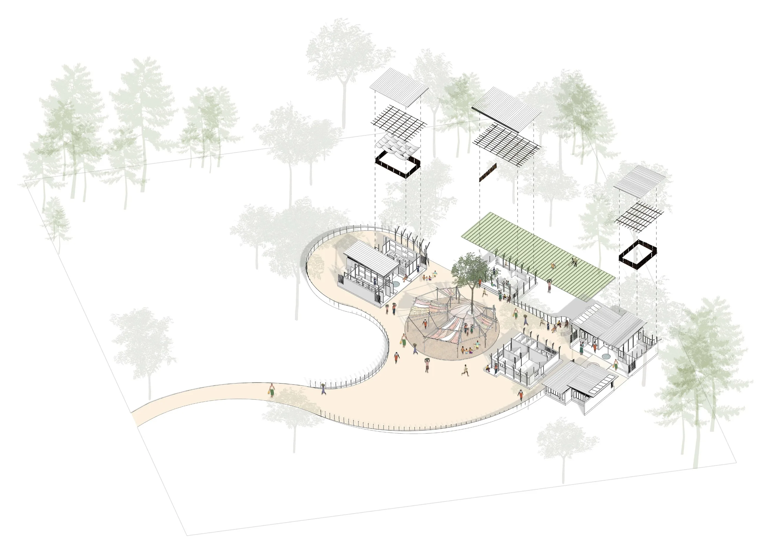 Isometric plan of the centre with numbered spaces and a curved pathway