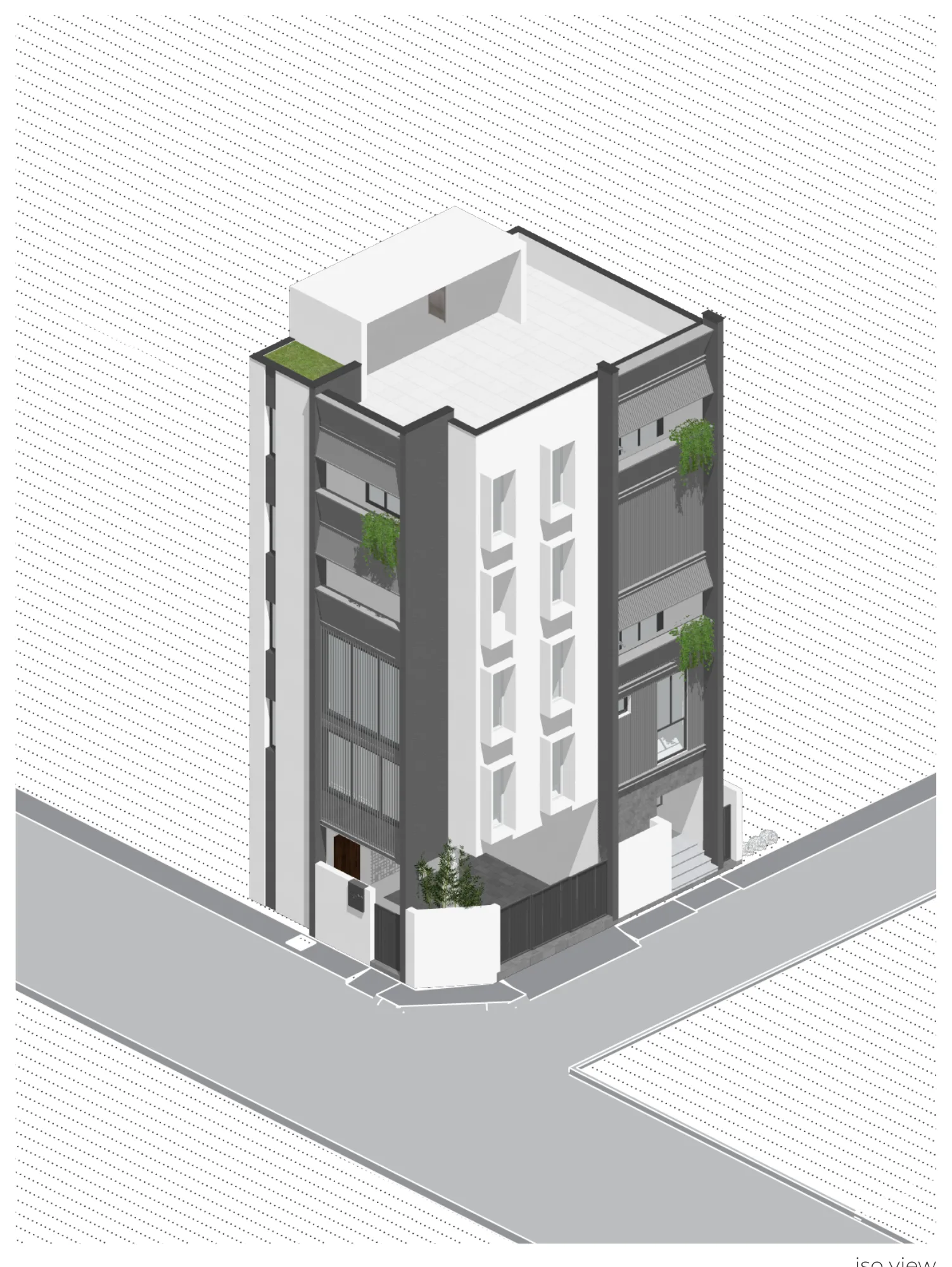 Isometric view of the building on its corner plot