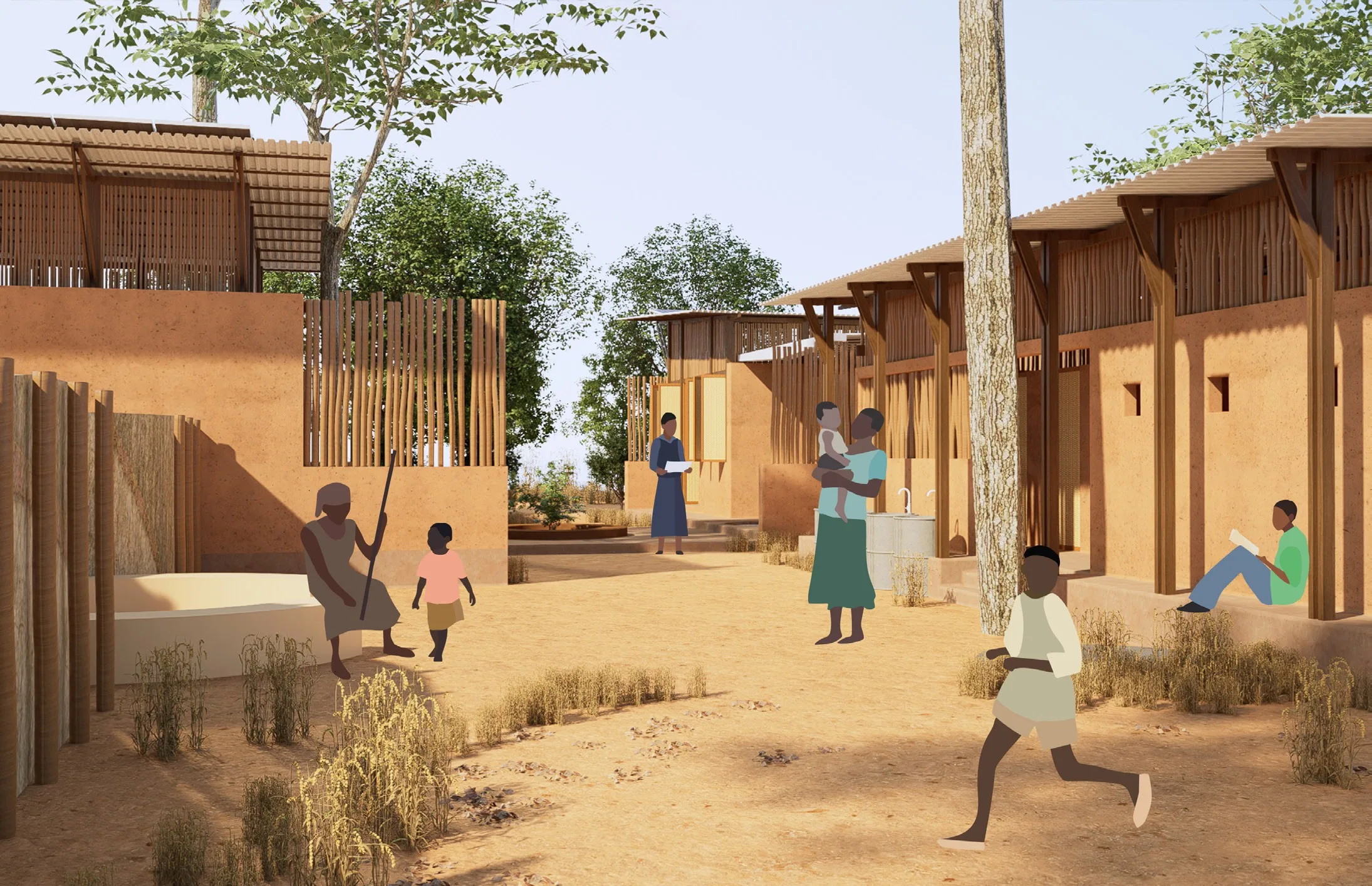 Open-air kitchen and dining area with people gathered