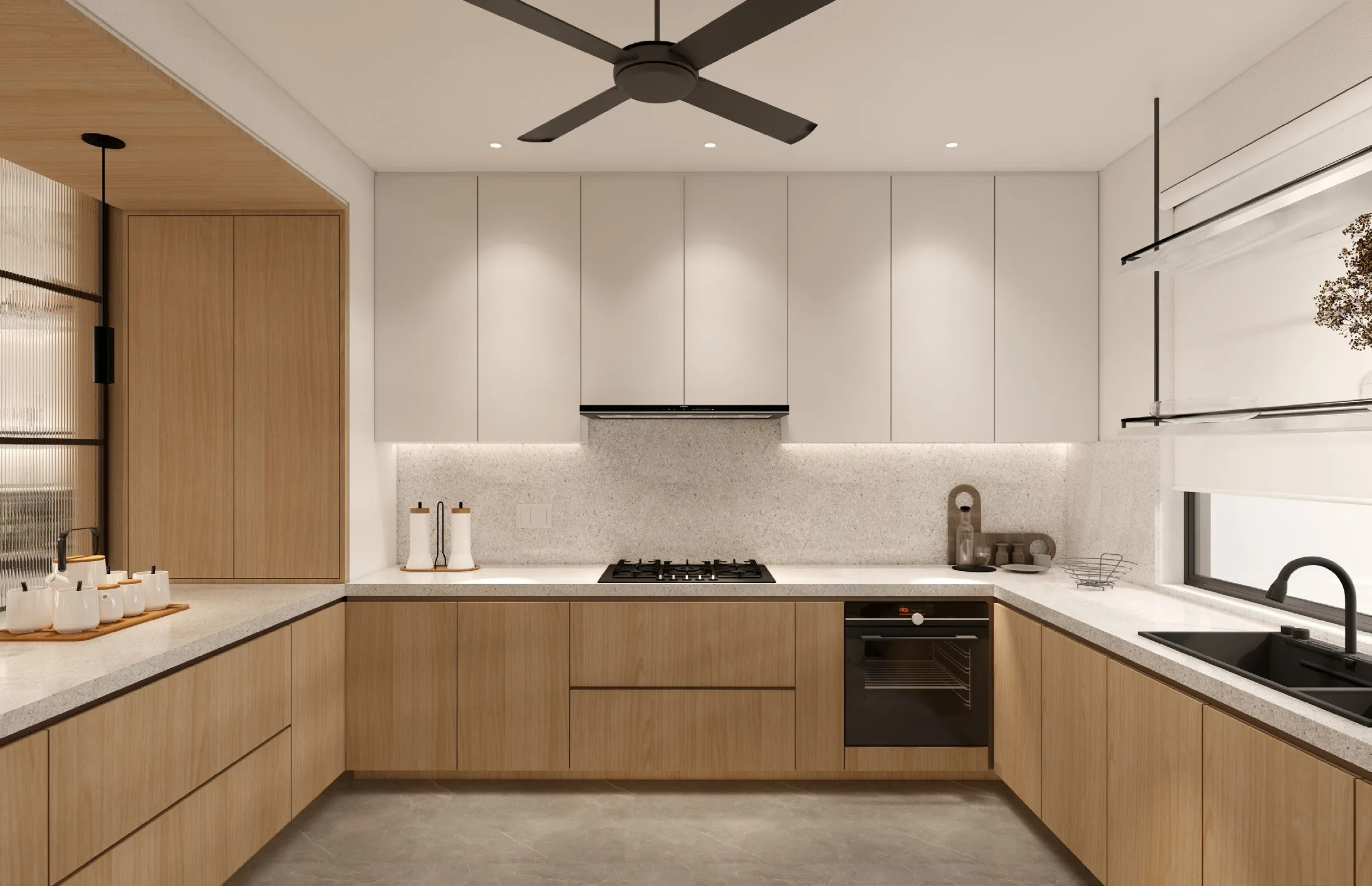 U-shaped kitchen in pale cabinetry with timber base units