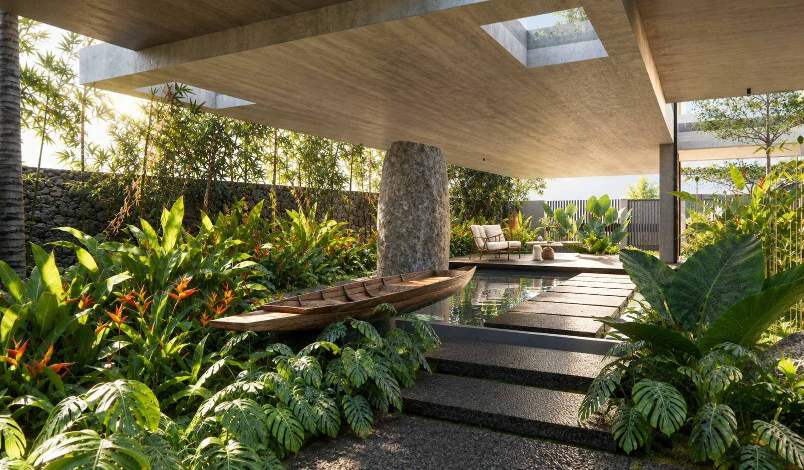 Terrace garden with a boat and traditional chair among the planting