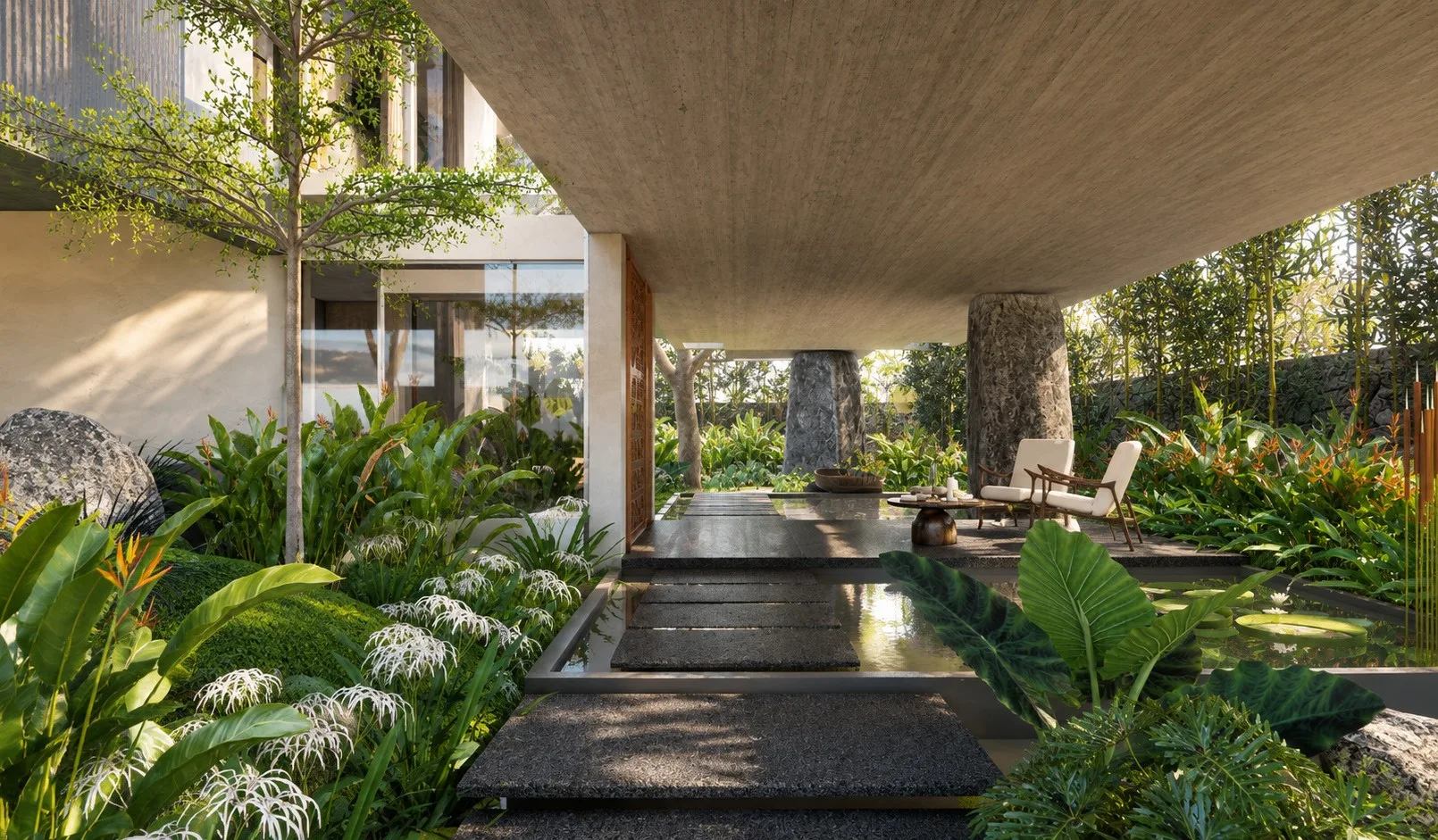 Covered terrace over a pool with tropical planting