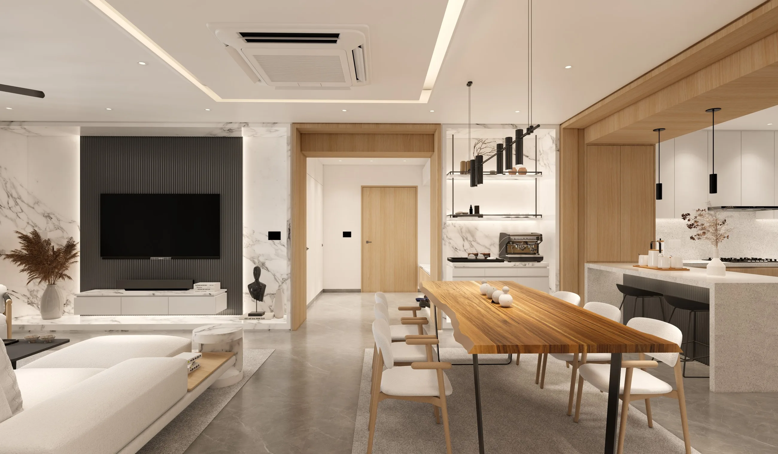 Living and dining area with a fluted TV wall and marble feature panel