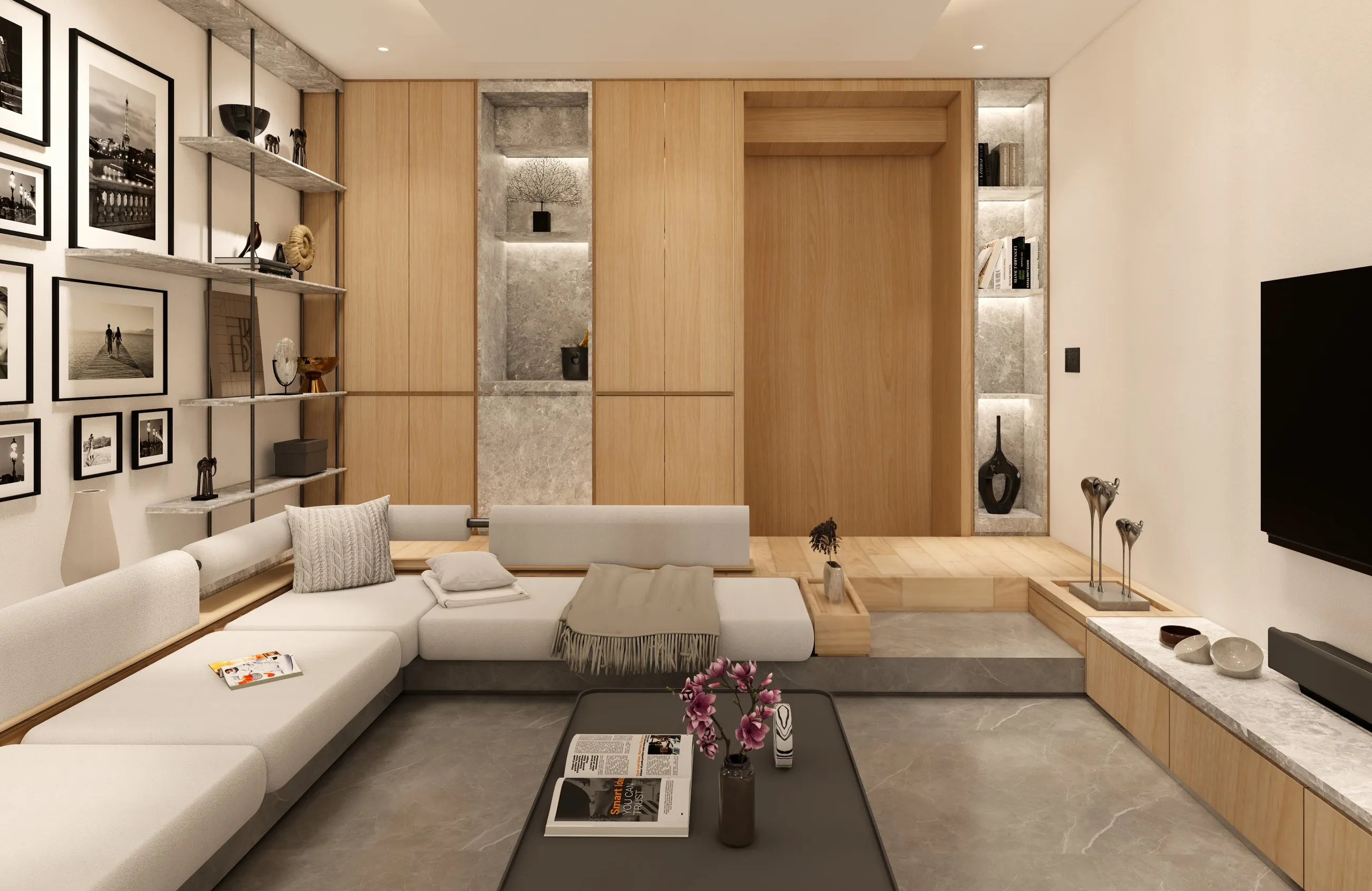 Living room with built-in shelving, a low sectional sofa and warm timber joinery