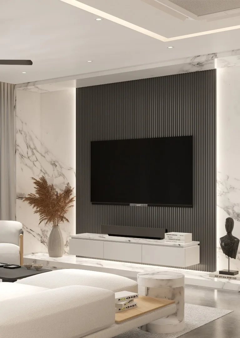 Fluted charcoal TV wall flanked by marble and timber