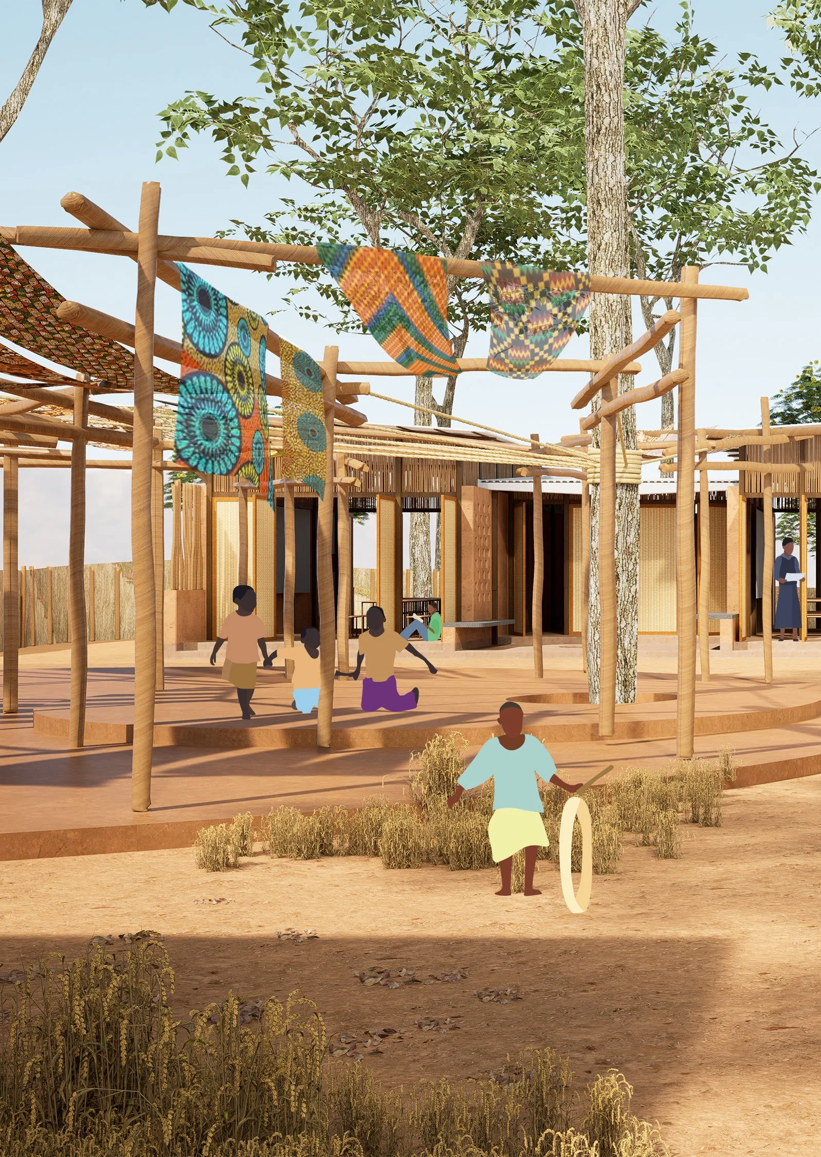 Timber pergola structure around a tree with people gathering