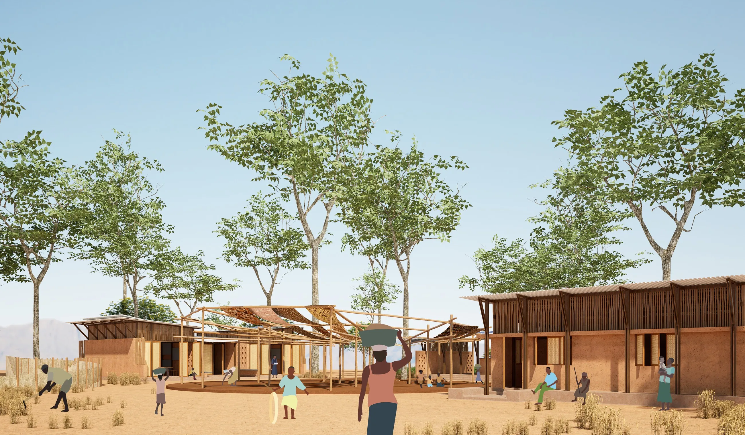 Timber and thatch centre buildings among trees with people in the foreground