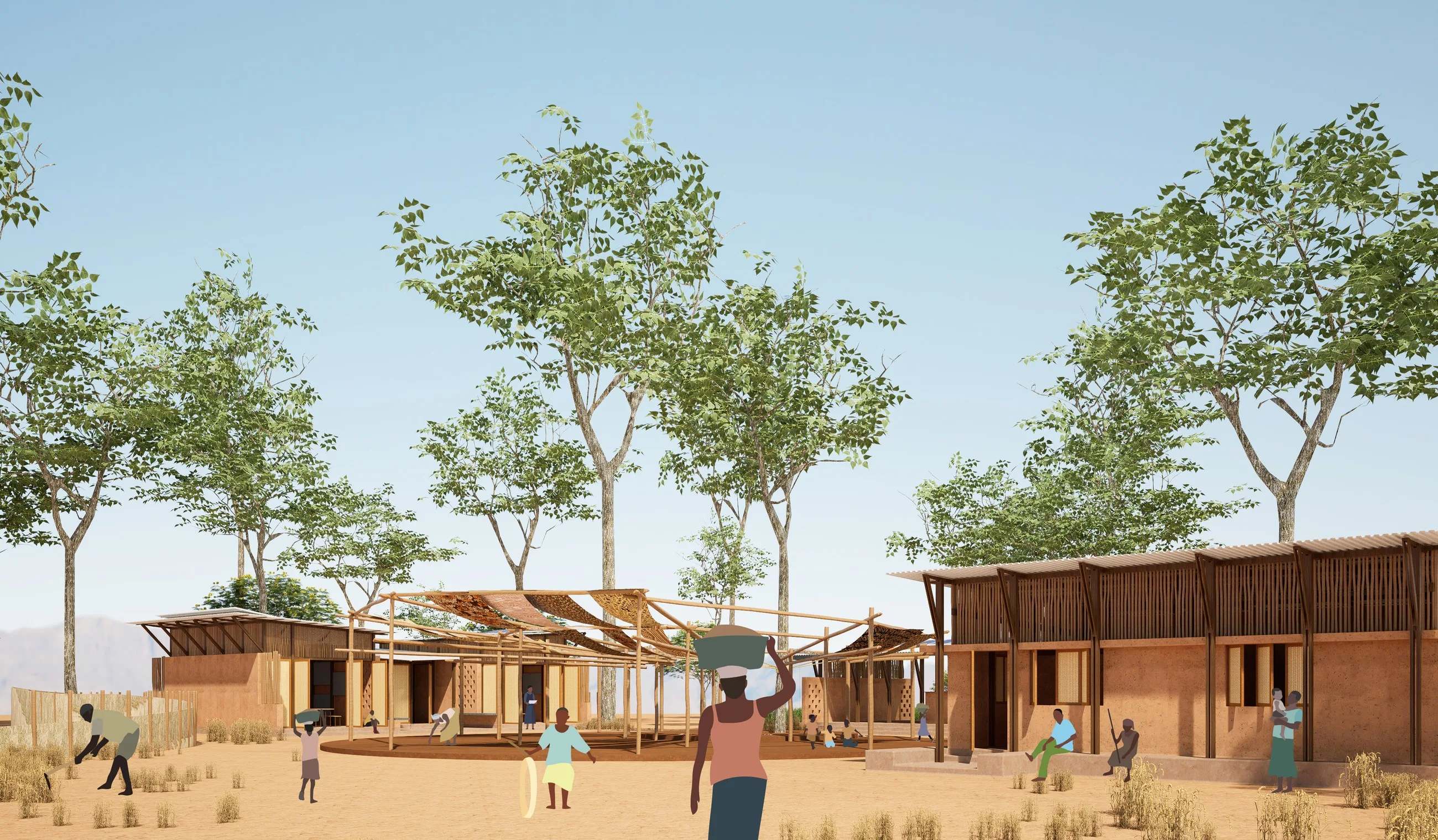 Timber and thatch centre buildings among trees with people in the foreground