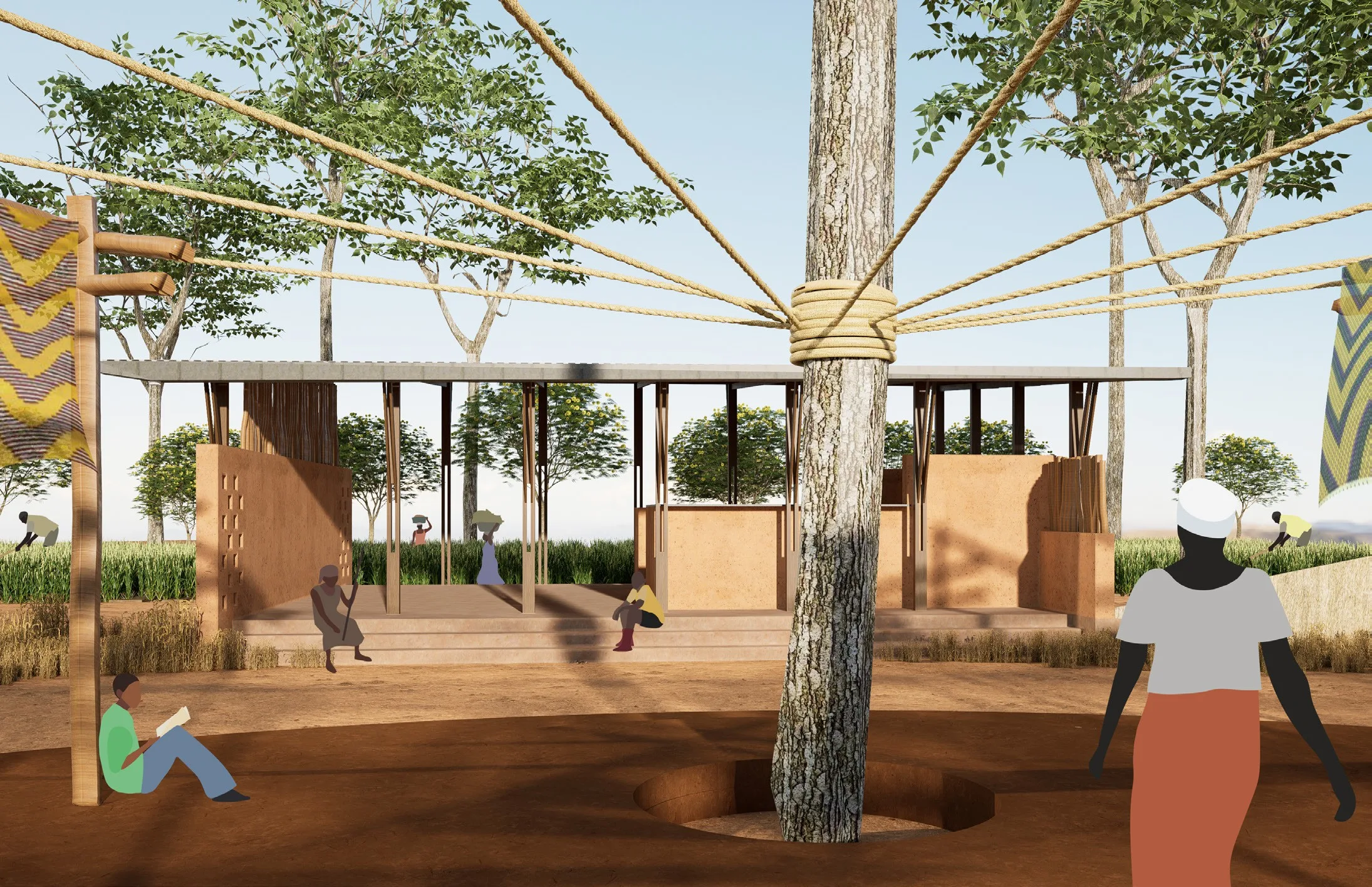 Pergola-covered street with people and an office and dormitory block