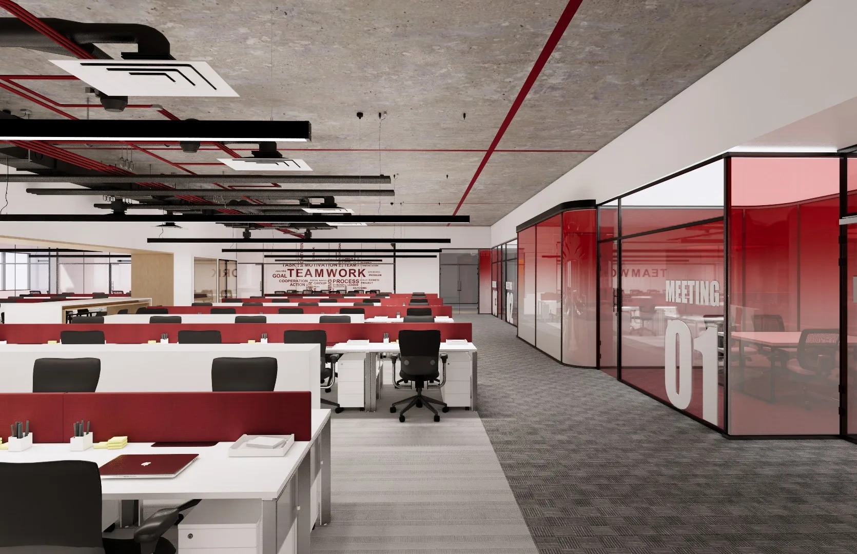 Open office view with red accents and glazed meeting rooms
