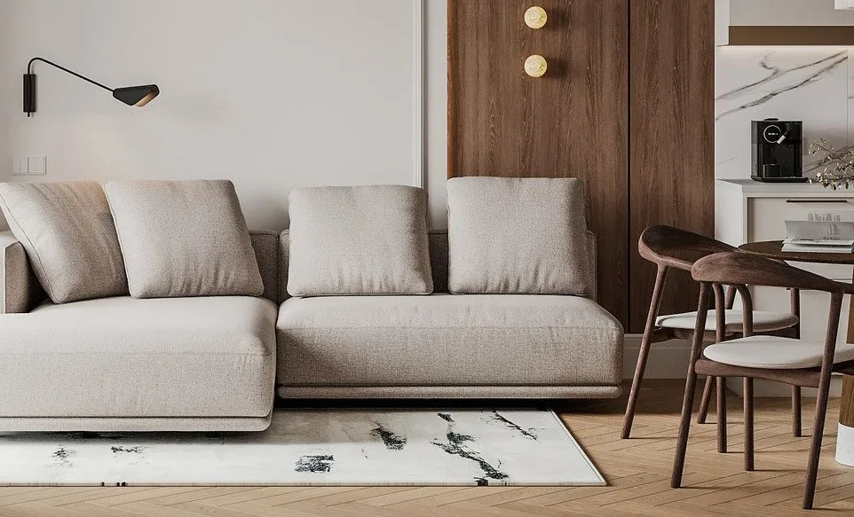 Sofa, rug and dining chairs in neutral tones