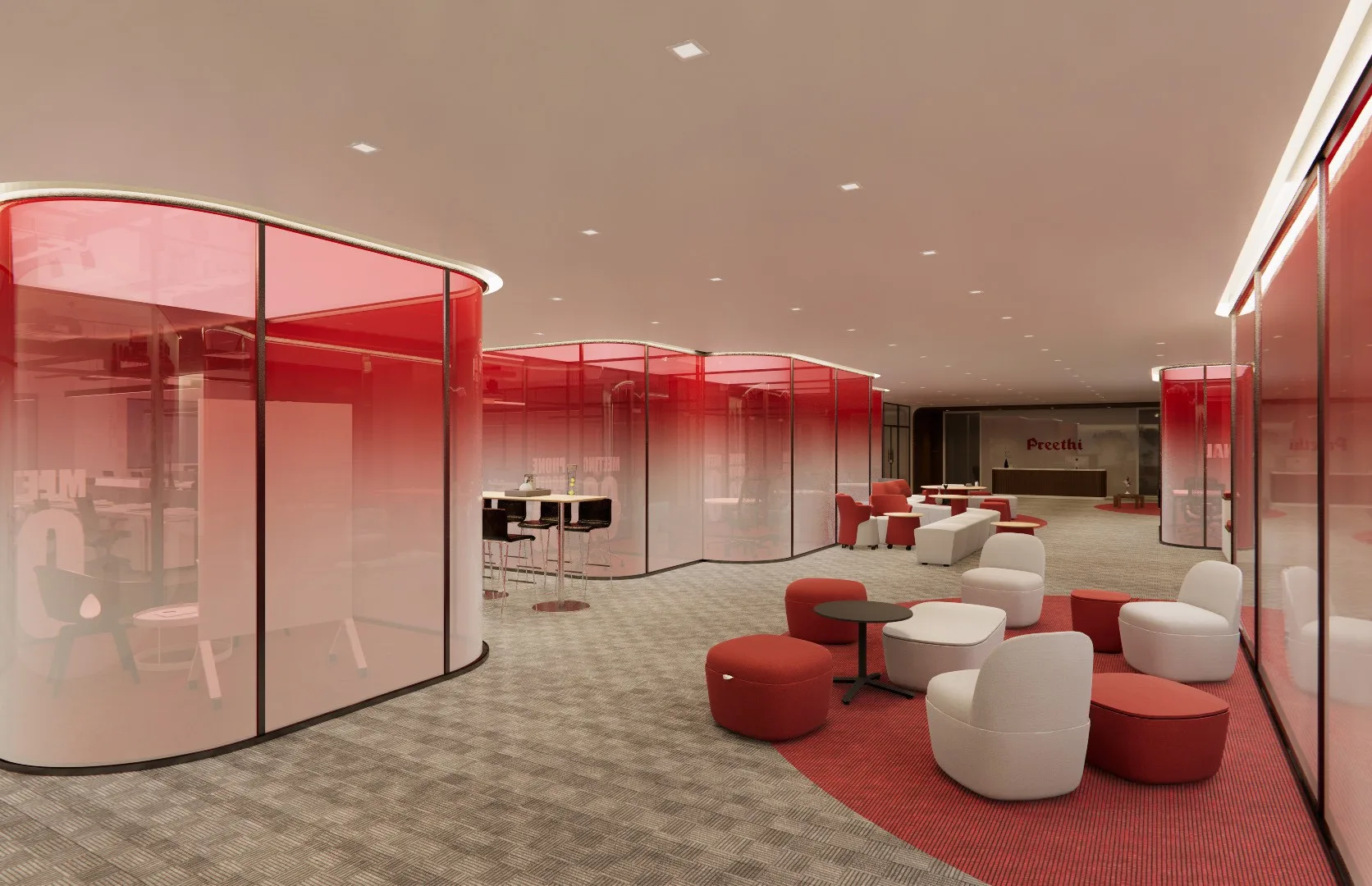Pause zone with white lounge seating and red poufs