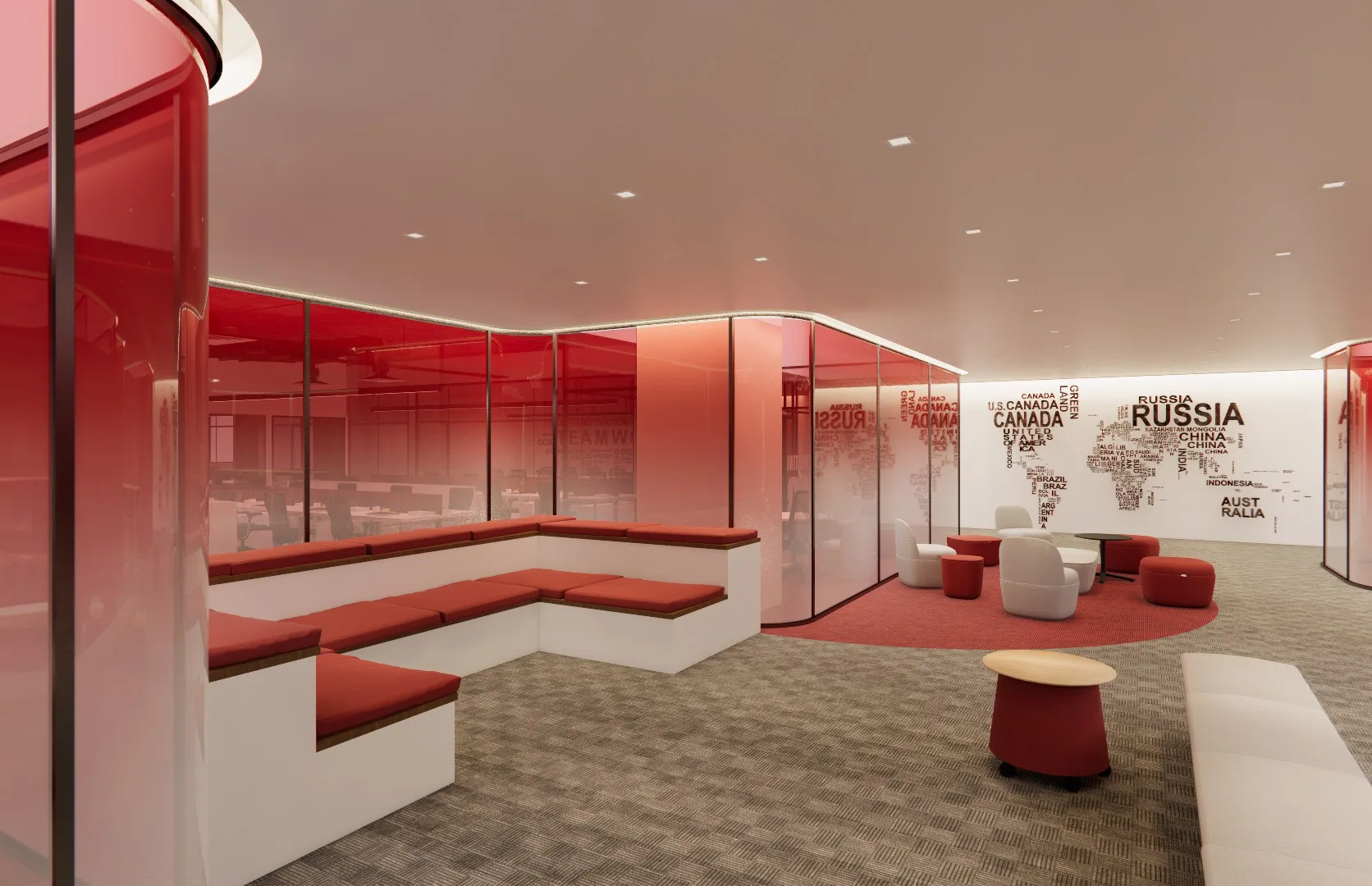 Tiered pause-zone seating beneath red-tinted glazing
