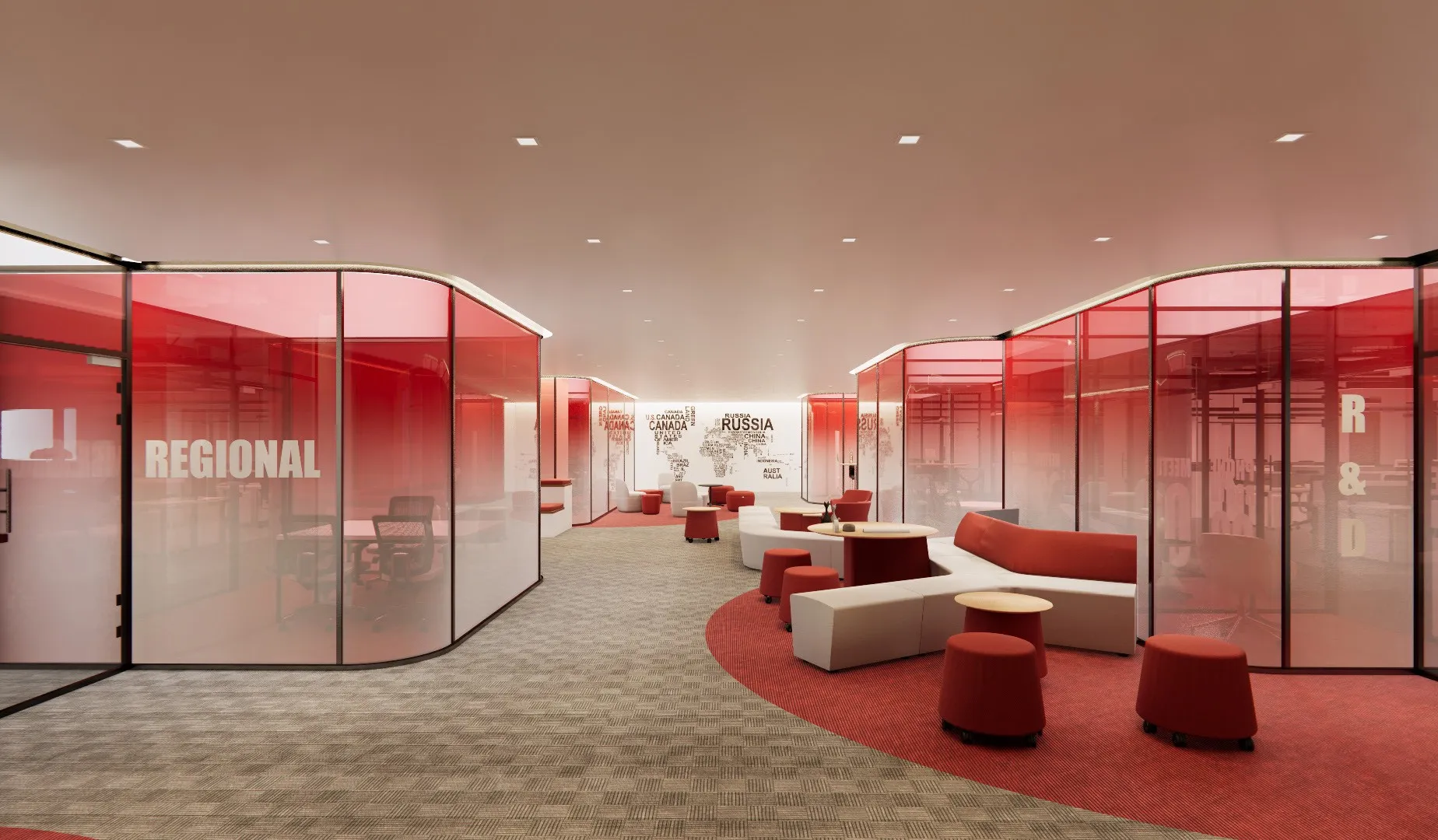 Open pause zone with red curved partitions and low lounge seating