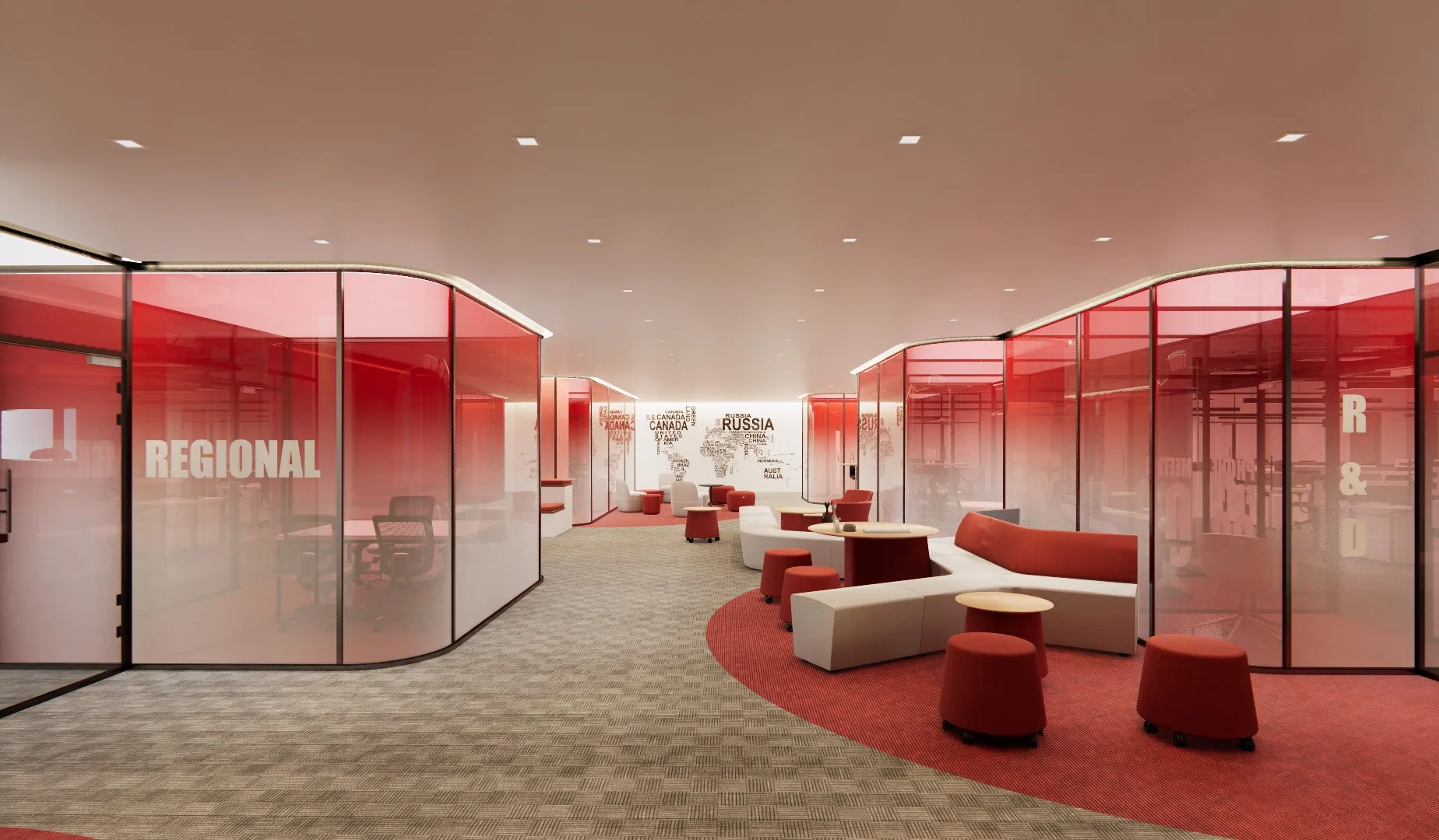 Open pause zone with red curved partitions and low lounge seating