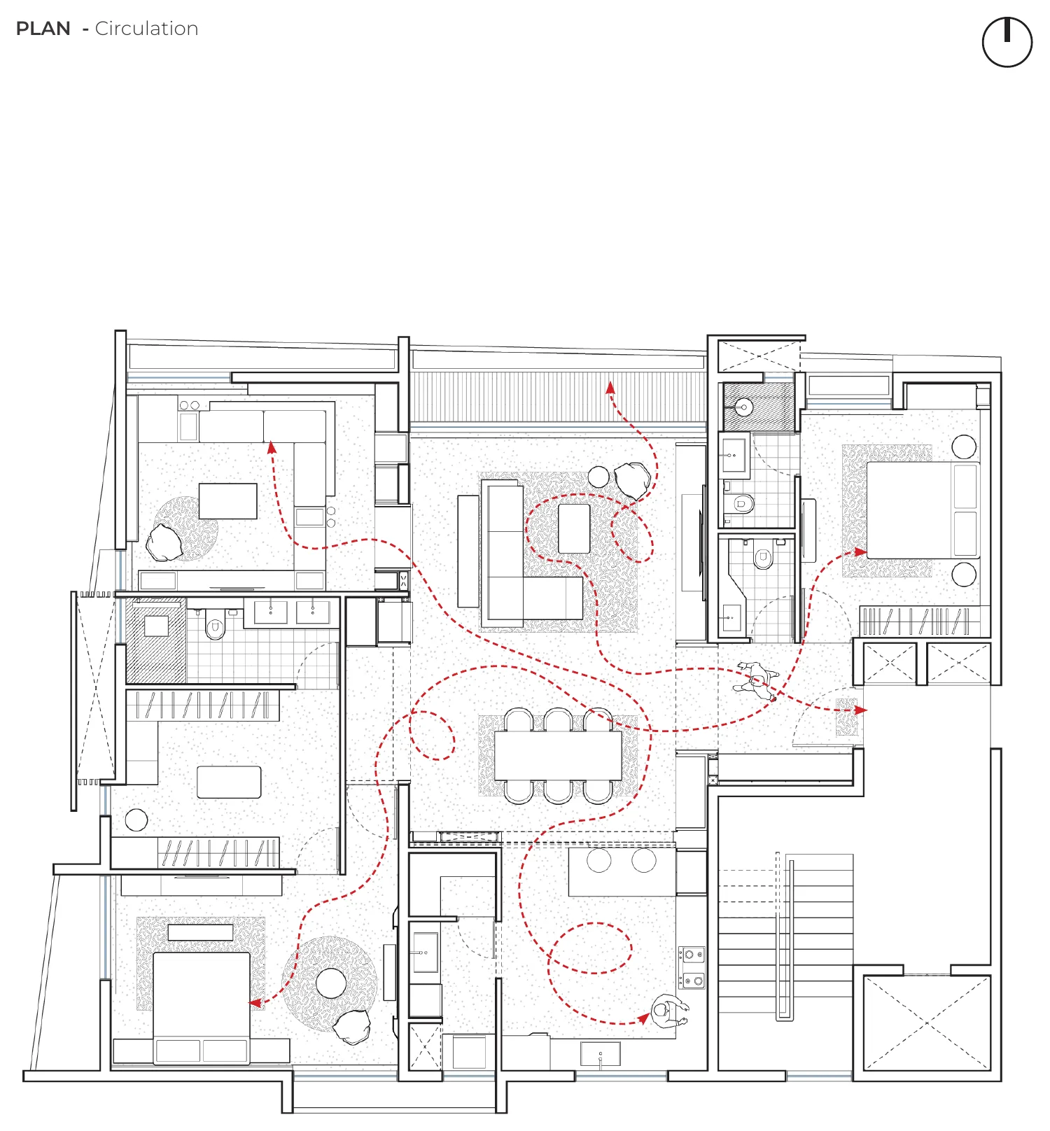 Floor plan with red lines tracing circulation through the apartment