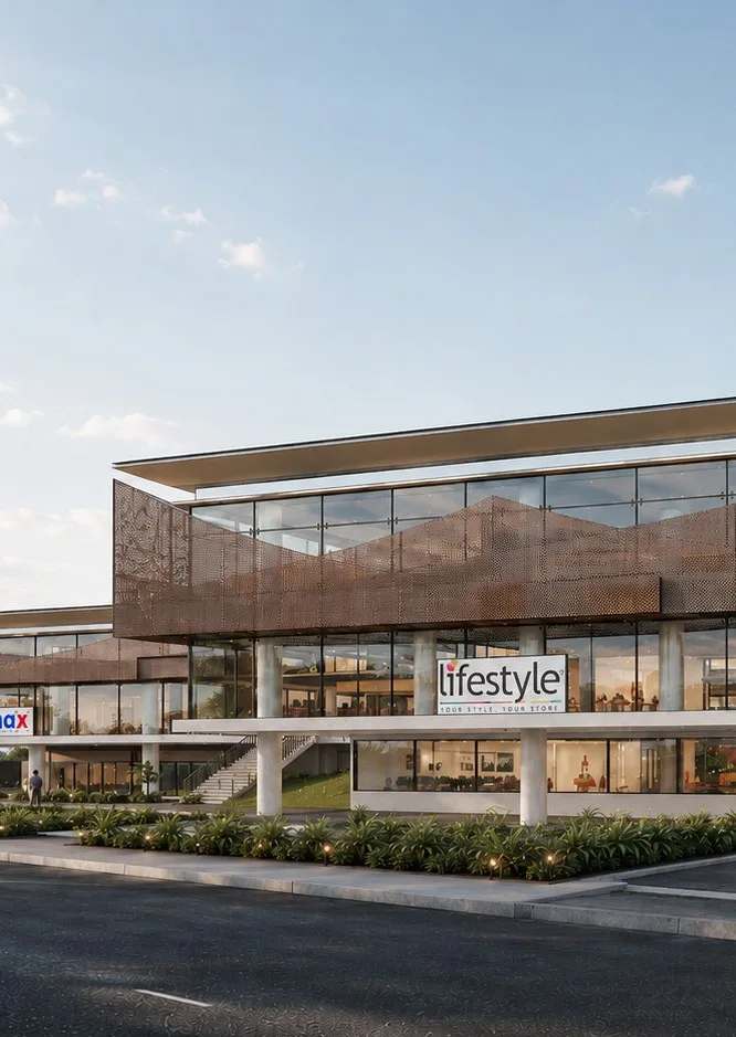 Mall entrance with a timber-clad upper volume and planting