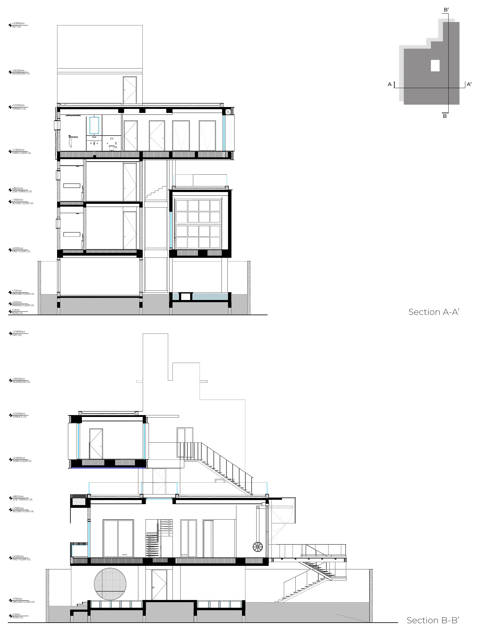 Sections A-A’ and B-B’ through the multi-storey house