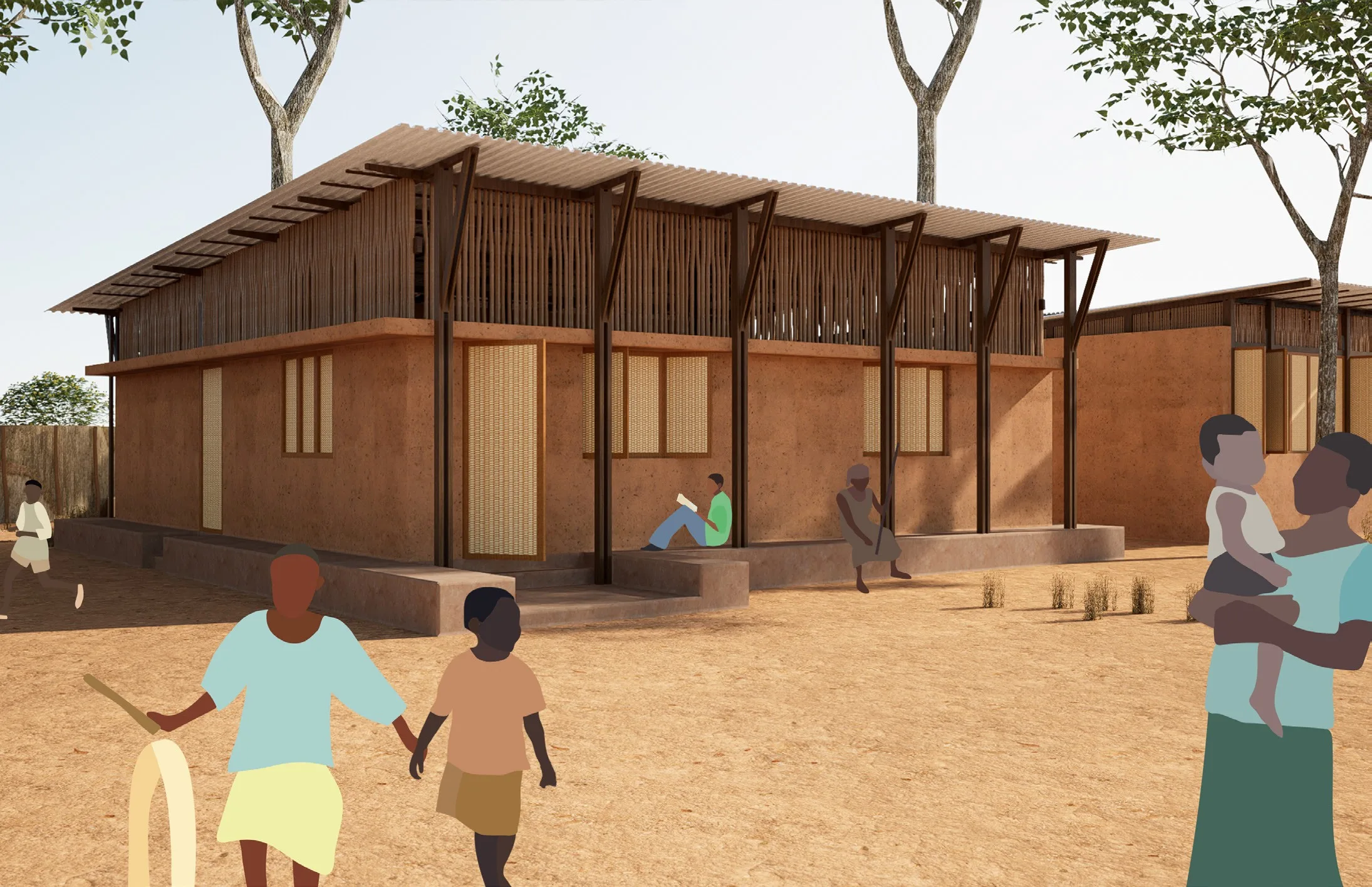 Street view between timber-clad buildings with children in the foreground