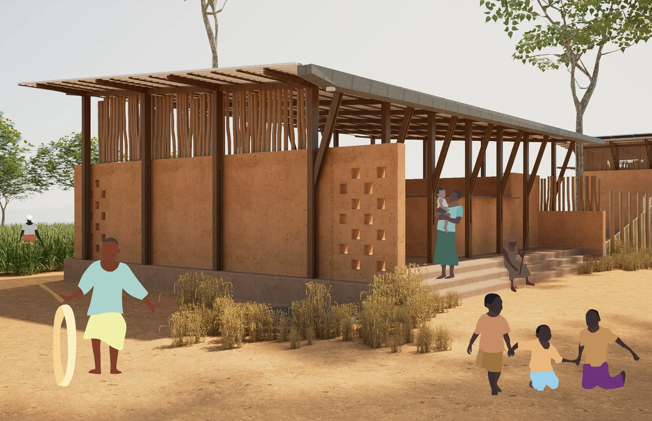 Timber-clad building with an open porch and people gathered