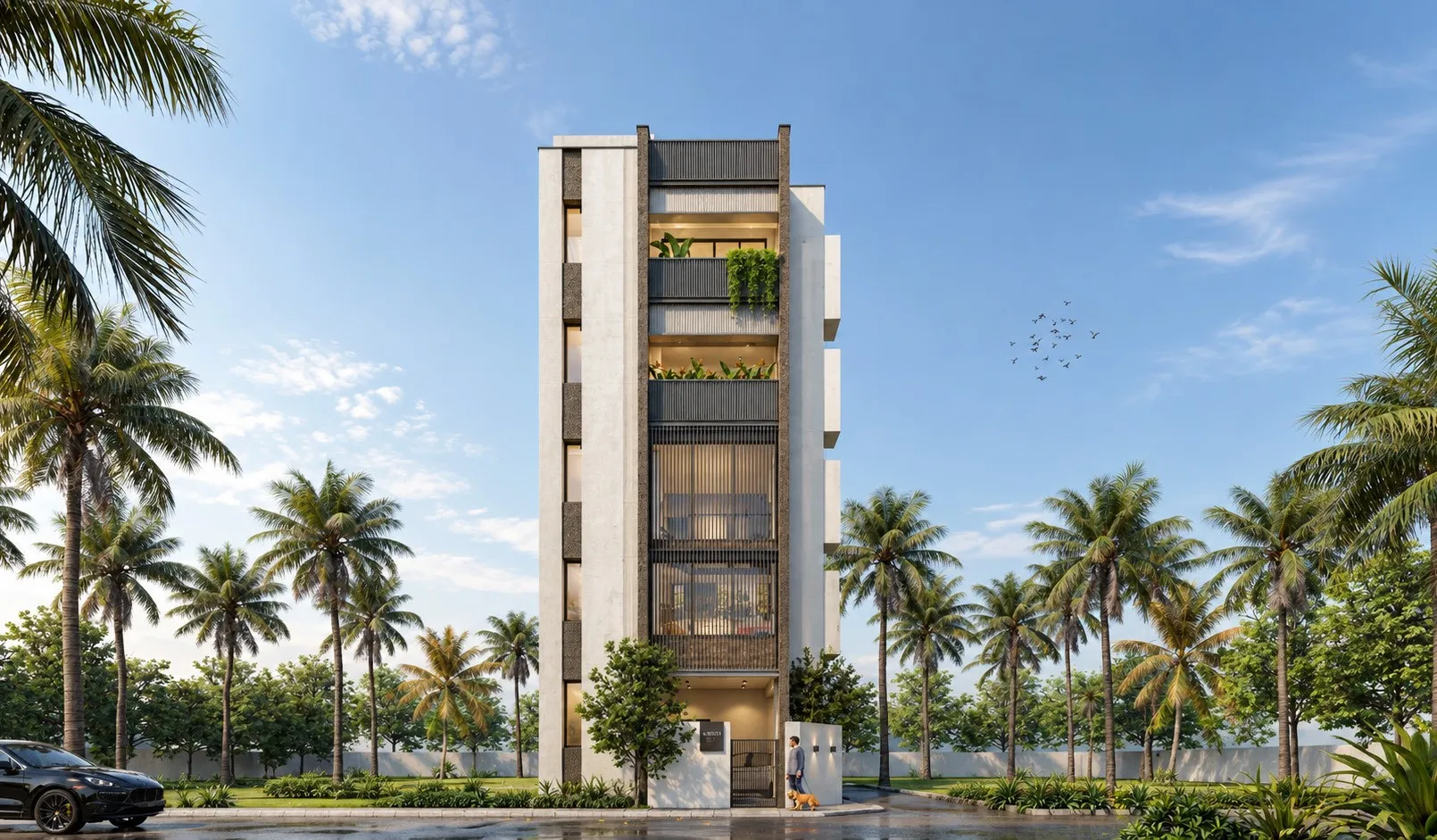 Slender white residential tower with planted balconies and palm trees