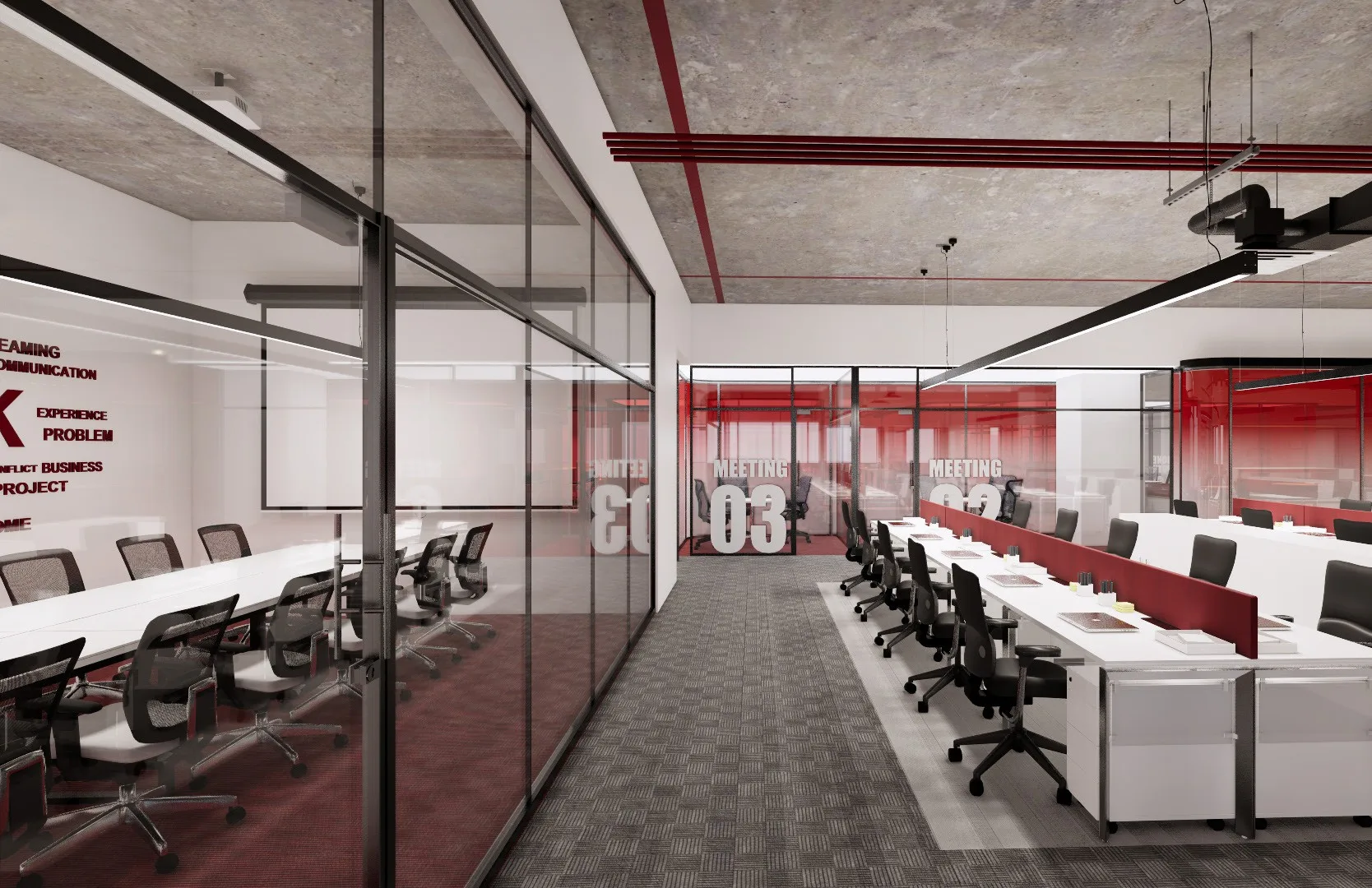 Workstation rows beside a red-tinted glass partition